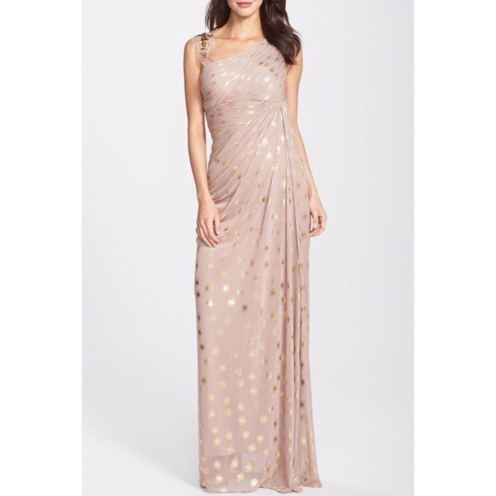 Adrianna Papell Blush Beige Gown Dress Jeweled Shoulder 4